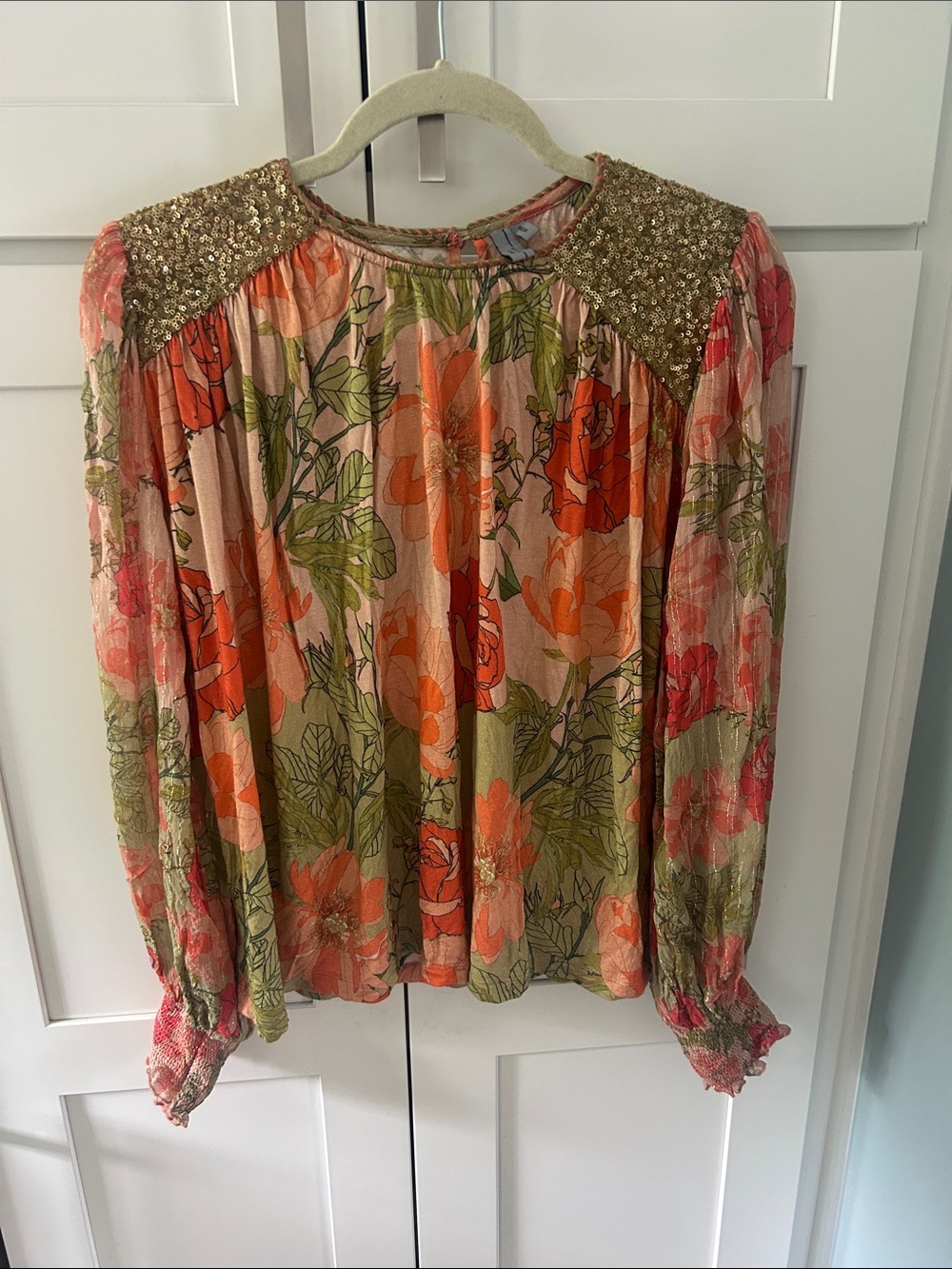 Sequin-Shoulder Floral Blouse in Pink and peach